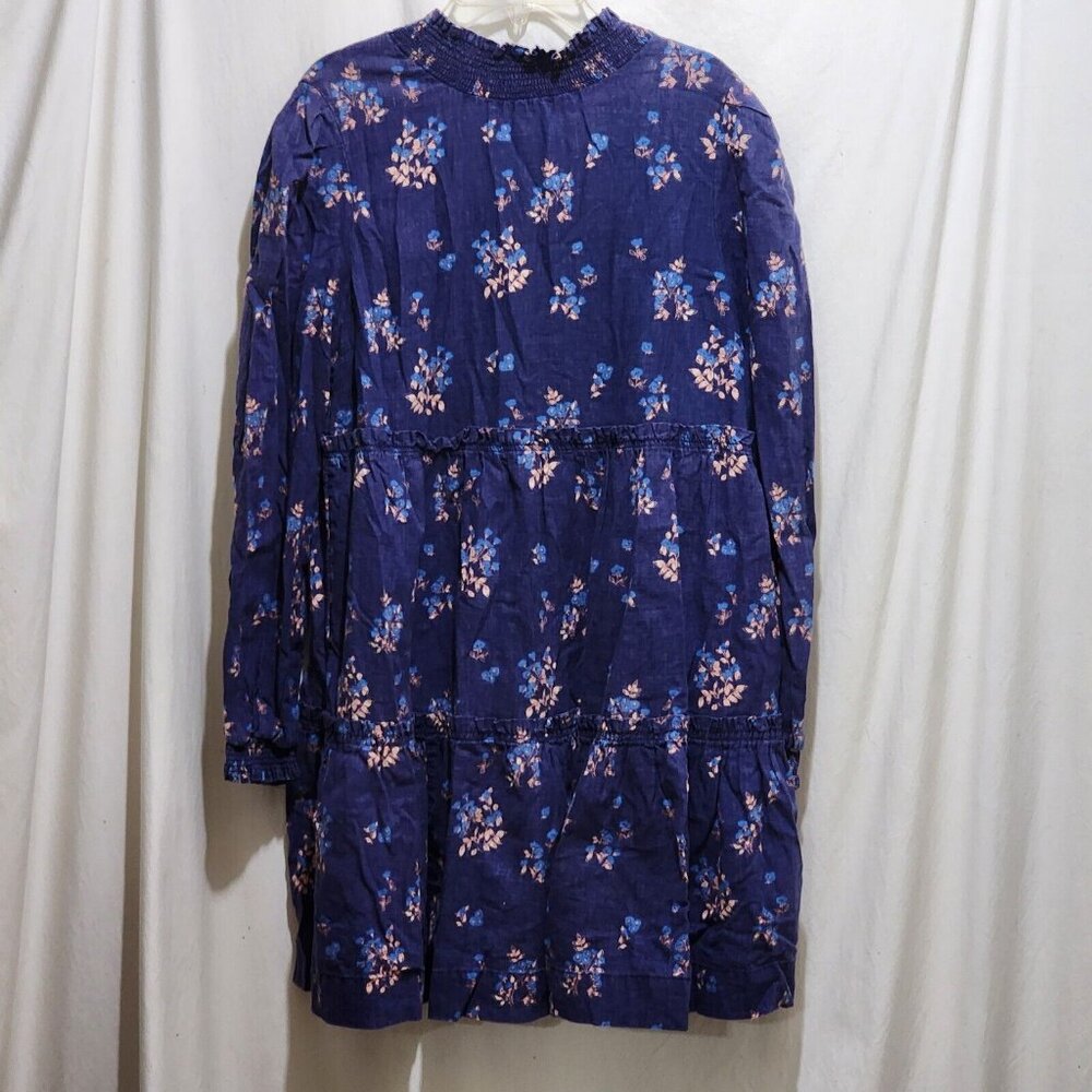 Freeâ People Blue Floral Dress Smocked Neckline Ties Linen Blend Mini XS